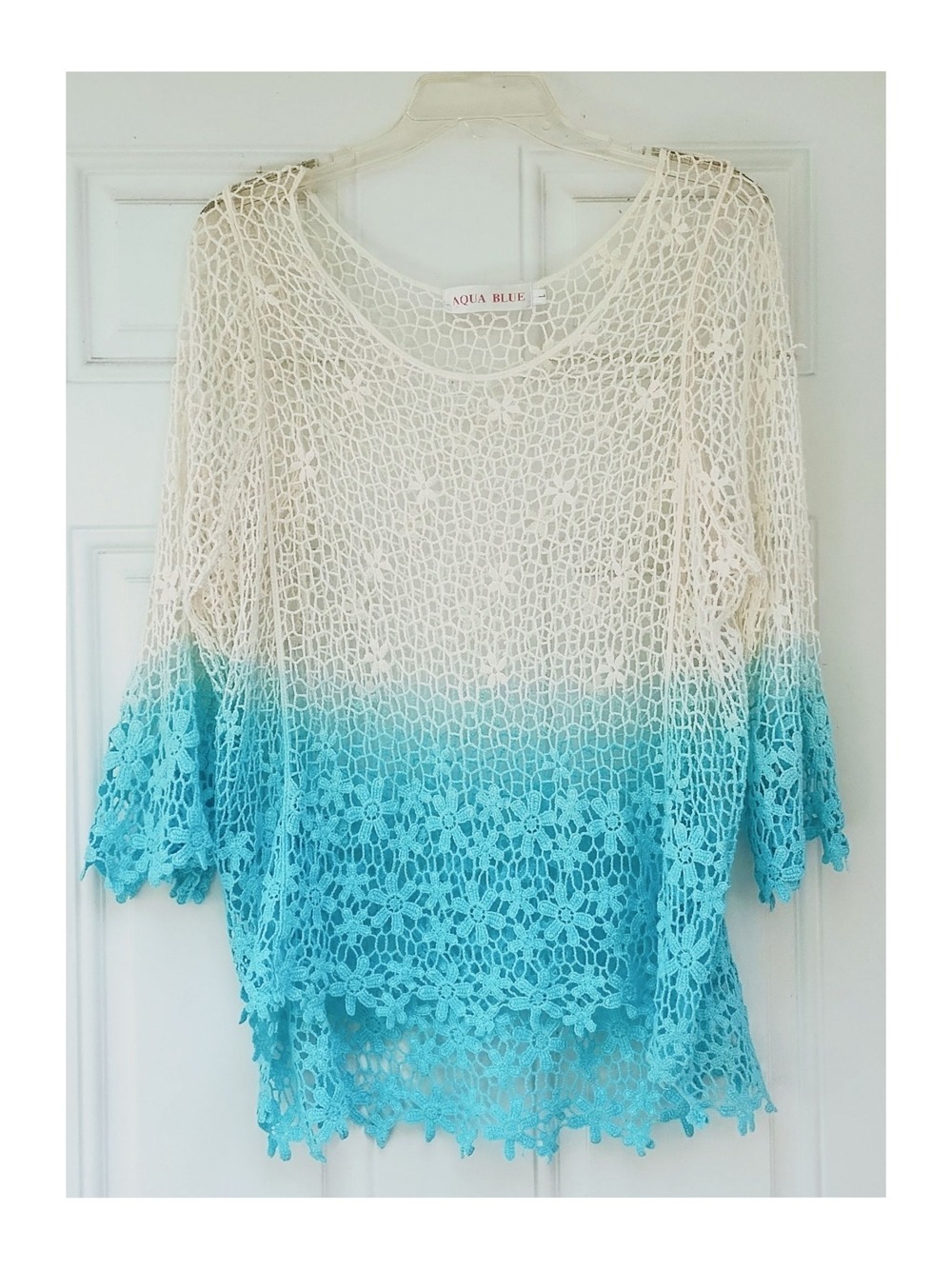 Aqua Blu White Crochet Lace Shell, Beach Coverup, Sheer